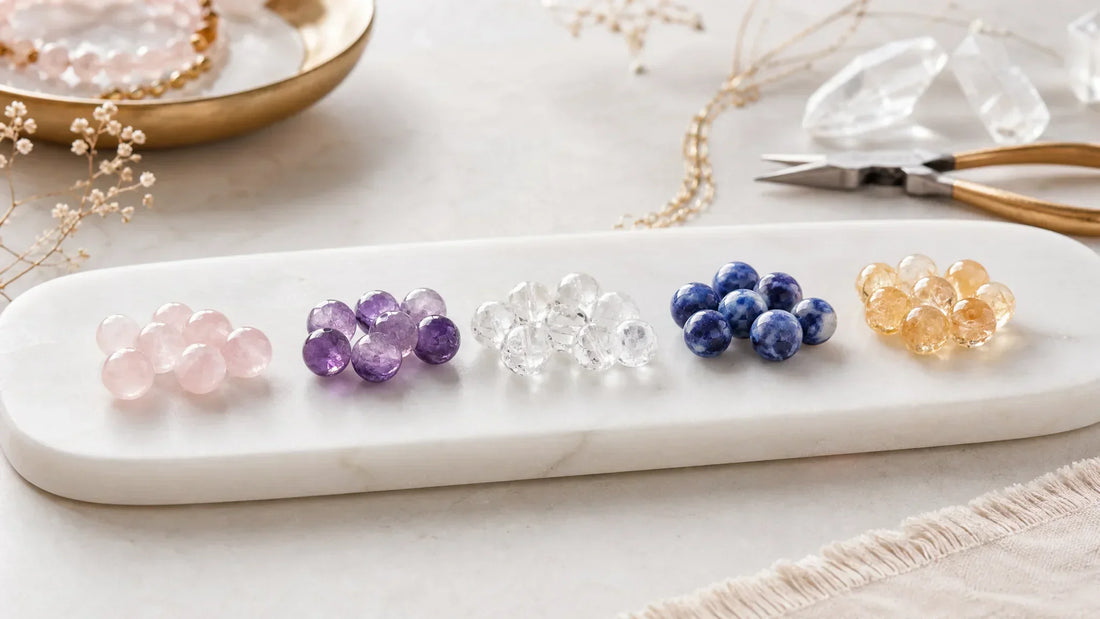 Custom crystal bracelets with rose quartz, amethyst, clear quartz, and blue crystal beads