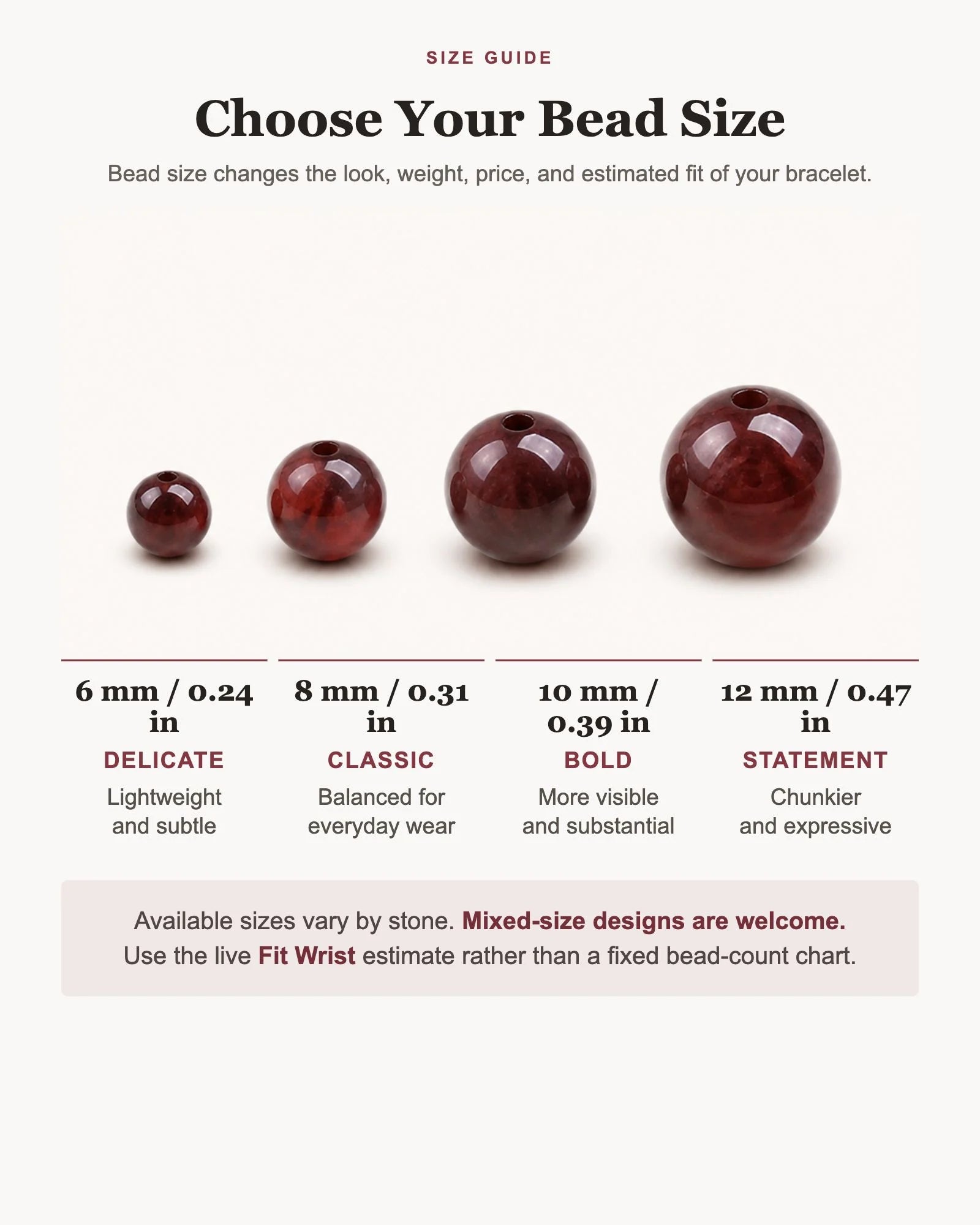 Comparison of 6, 8, 10, and 12 millimeter crystal bead sizes